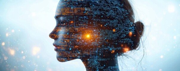 Digital composite of human profile with neural network visualization