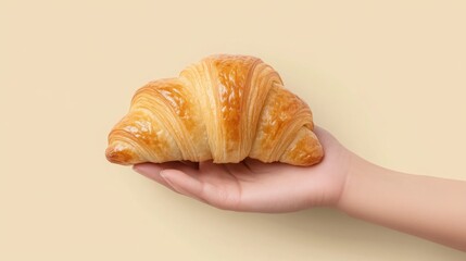 A flaky golden croissant gently held in a hand against a soft cream-colored background, highlighting its crisp texture and buttery layers