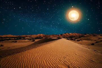 Naklejka premium A desert landscape at night, with a starry sky and a bright moon illuminating sand dunes.