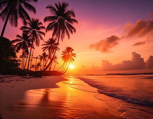 Beautiful tropical beach and sea with coconut palm tree at sunset time
