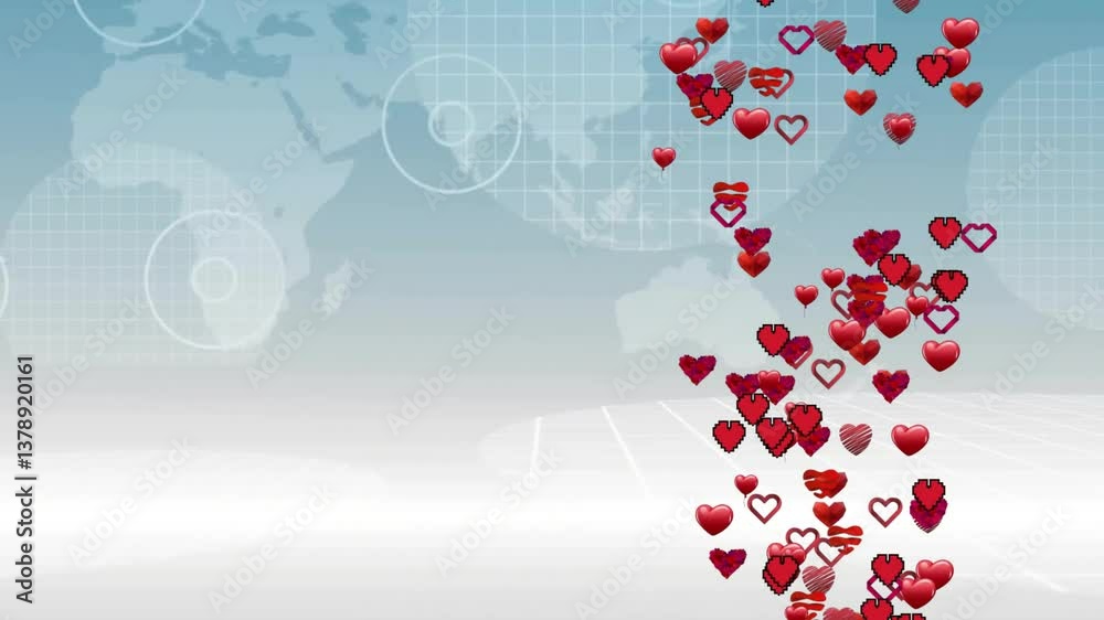 Poster red hearts animation over world map with grid and circular patterns