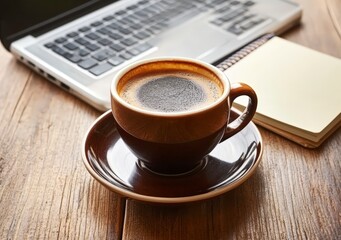 Coffee cup on wooden table next to laptop keyboard