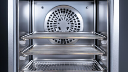 Stainless steel wine cooler interior with cooling system and shelves