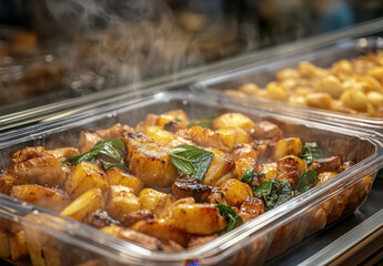 Tender roasted potatoes and juicy meat are steaming in transparent plastic containers, showcasing vibrant colors at a lively food market