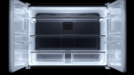 Transparent x ray view of modern refrigerator showing shelves and compartments