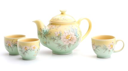 An exquisite porcelain teapot with delicate floral designs in pastel shades of yellow and green, paired with matching teacups, showcasing intricate details and subtle highlights on the glaze,