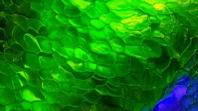 A green leafy patterned background with a blue and purple hue. The background is a representation of a snake's skin