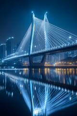 Obraz premium A modern steel cable bridge with dazzling lights under the night sky