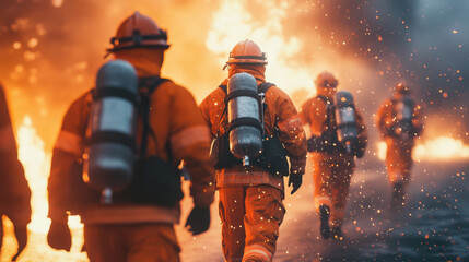 Firefighters wearing orange uniforms advance towards a fierce fire, working together to control the dangerous situation amid billowing smoke