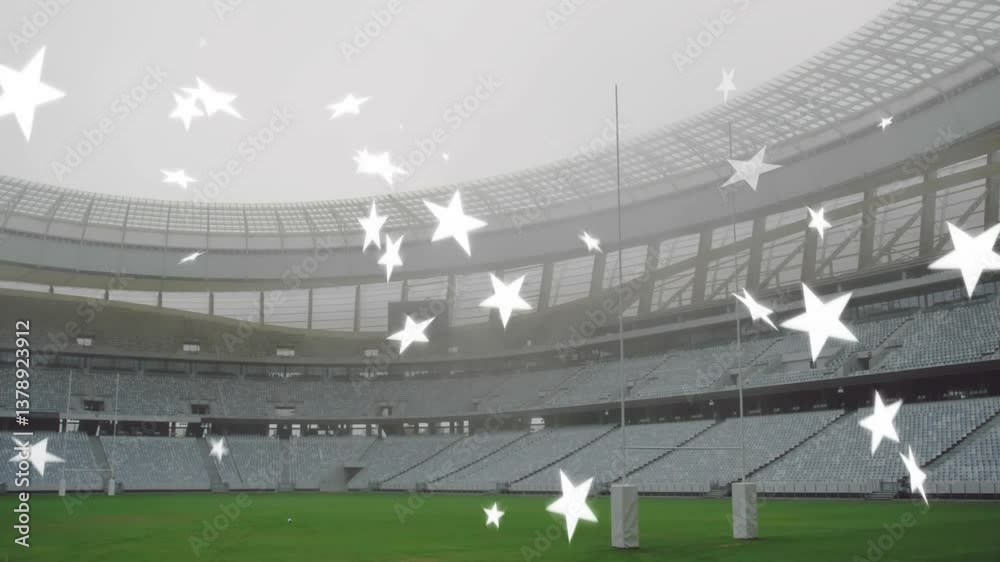 Poster star animation floating over field in empty stadium during evening event