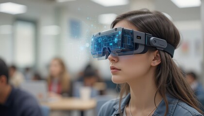 Young Woman Wearing Futuristic Virtual Reality Glasses in Classroom with Digital Overlay Effects