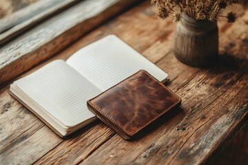Fototapeta premium Exquisite leather wallet and dried flowers on a wooden tabletop
