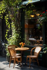 Obraz premium The coffee shop under the sunshine is lush with greenery