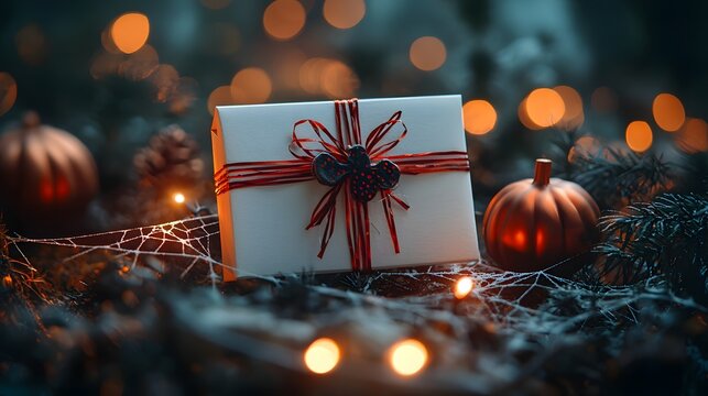 Spooky gift box with spider web and glowing lights