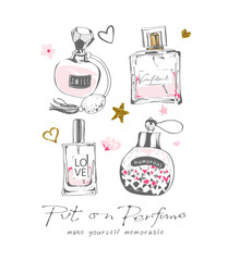 perfume calligraphy slogan with hand drawn perfume bottles vector illustration created by hand drawn