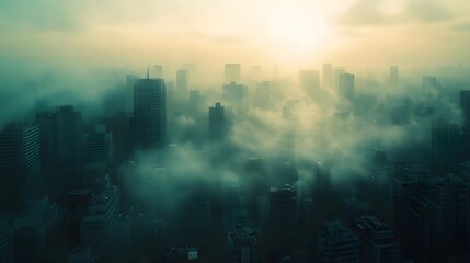 Fototapeta premium Urban buildings faintly visible in the haze