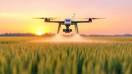 A large agricultural drone spraying fertilizers over a golden wheat field at sunrise, fine mist visible in the air, enhancing crop health.