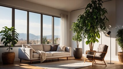 Fototapeta premium Stylish modern living room bathed in natural light with elegant furniture and greenery
