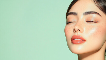 Korean model, for cosmetics brand,
aesthetics and beauty, professional studio photography. Serene expression, unique beauty, blue background.
