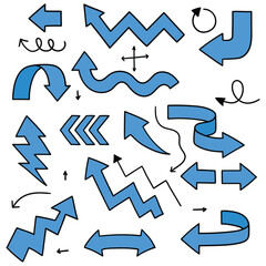 Hand drawn cartoon set of blue arrows on white background.