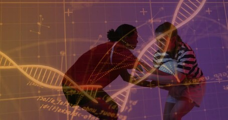 Animation of rugby players with DNA strand and scientific data in background - Powered by Adobe