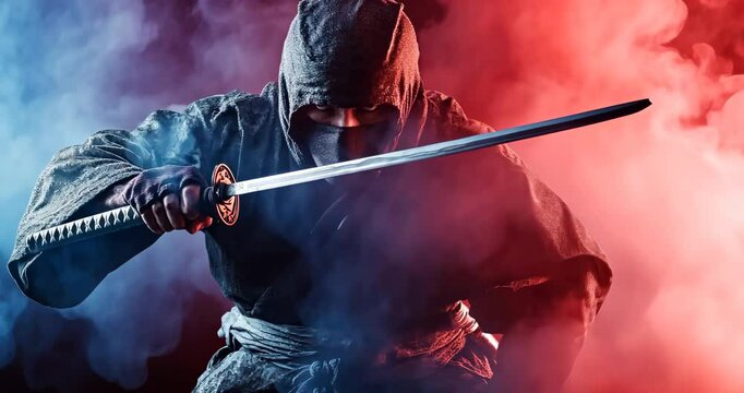 Shadow Warrior: A stealthy figure of a ninja, concealed in a hooded garb and with a gleaming sword, emerges from a dramatic smoky backdrop of vibrant red and blue hues.