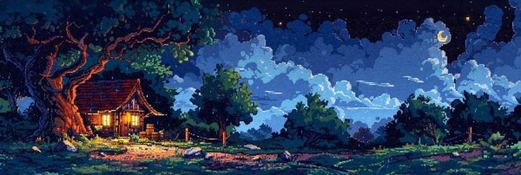 Cabane pixel art nocturne, clair de lune sur for&ecirc;t, ambiance f&eacute;erique, design r&eacute;tro pour jeu vid&eacute;o ou illustration fantastique