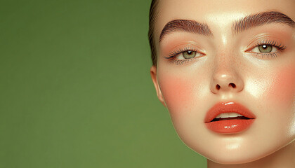 Blonde model, for cosmetics brand,
aesthetics and beauty, professional studio photography. The purity of natural features, green background.