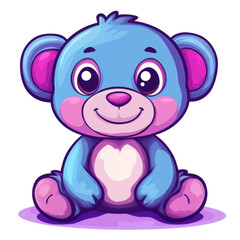Obraz premium Cute blue teddy bear cartoon illustration with big eyes and a sweet smile, sitting on a purple surface Concept of childhood, toy, and sweetness