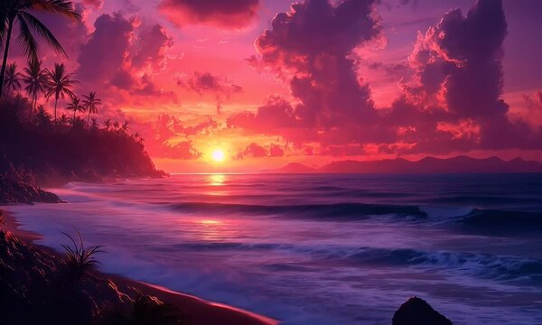 Tropical beach sunset with palm trees and vibrant pink & purple skies