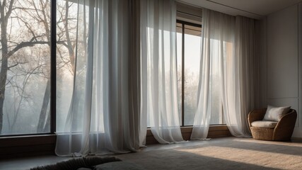 Morning light fills a serene room with sheer curtains and a cozy chair overlooking a misty landscape in autumn