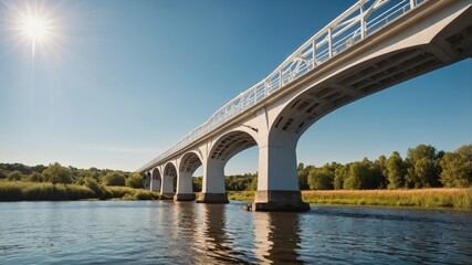 Fototapeta premium Elegant white bridge spanning a calm river under a clear blue sky in the afternoon light