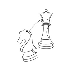 Hand drawn queen and knight chess piece vector. One line continuous drawing. Board game illustration. Abstract linear silhouette icon. Minimal print, banner, card, wall art poster, logo, sign, symbol