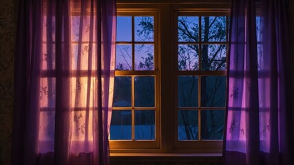 Fototapeta premium Beautiful evening light streaming through purple curtains in a cozy room at dusk