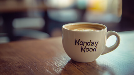 Fototapeta premium Coffee cup with Monday Mood text and blurred background