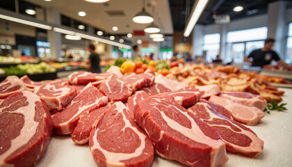 Fresh meat cuts displayed on deli counter in modern grocery store, culinary inspiration