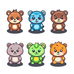 Collection of six colorful cartoon bears on a transparent background vector Cute animal illustration for childrens design, sticker, or mascot