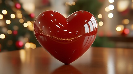 A glossy red heart standing on a reflective wooden surface