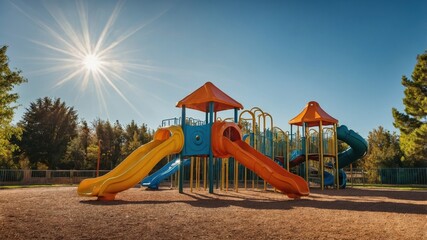 Colorful playground equipment under bright sun in a park on a clear day