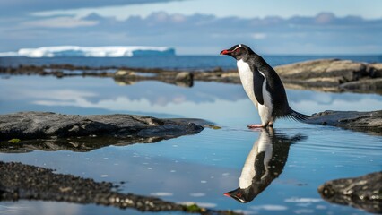 Fototapeta premium A Rockhopper penguin stares at its own perfect reflection in still Antarctic waters.