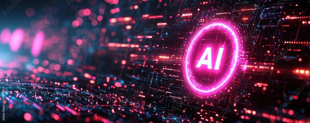 Poster futuristic digital technology background with glowing ai text and data flow