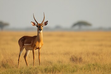 Fototapeta premium A slender antelope with horns standing in a dry grassy field looking directly at the viewer calmly on transparent background