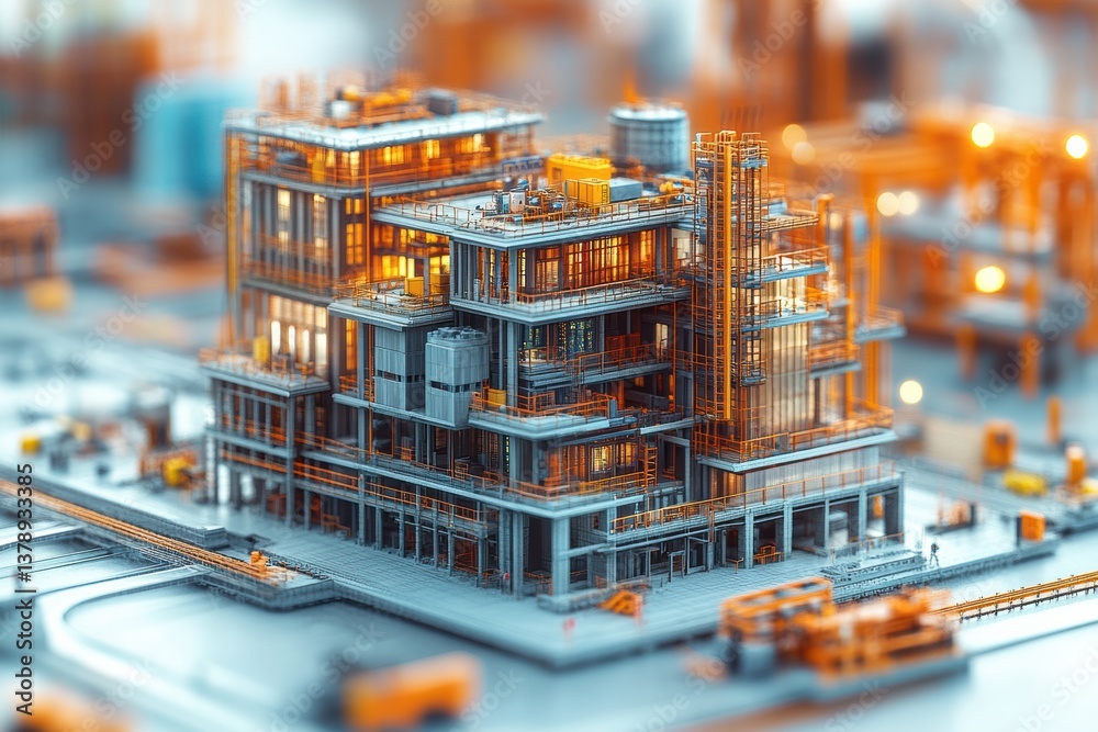 Poster a detailed model of an industrial building showcasing modern architecture and vibrant colors, emphas
