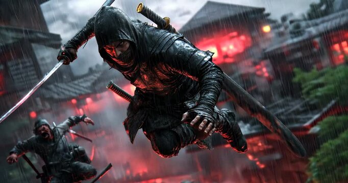Dynamic Ninja Action: A skilled ninja leaps through the air amidst a backdrop of traditional Japanese architecture, showcasing agility, stealth, and the intensity of combat.  