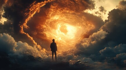 Fototapeta premium Silhouette of a person standing on a rocky outcrop gazing at a dramatic, stormy sunset with swirling clouds and intense lighting.