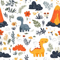 Seamless cartoon pattern featuring smiling dinosaurs, volcanoes, flowers, leaves, and clouds in a Scandinavian doodle style on a white background, perfect for kids and playful designs