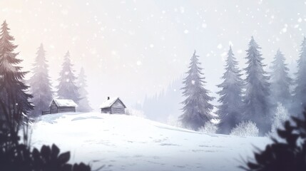 Obraz premium Rustic Cabin in a Snowy Forest Landscape
