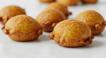 Fototapeta premium Golden brown plantain fritters on a pristine white surface, ready to savor