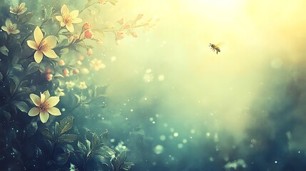 A sunny scene showing flowers and a flying bee in the air