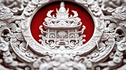 Intricate White Carving on Red Background: A Close-Up of Asian Architectural Detail